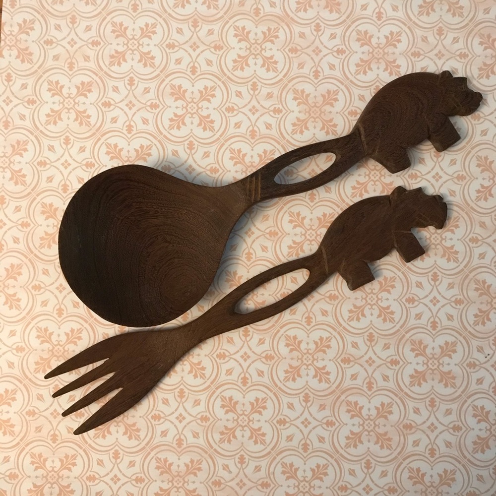 Vintage Carved Wooden Tribal Salad Serving Set